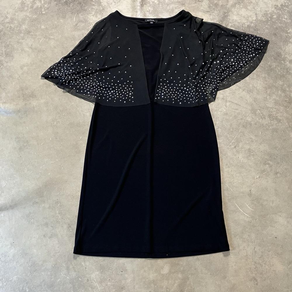 Marina Dress Womens Size 4 Black Rhinestone Beaded Mesh Cape Sleeve NWT